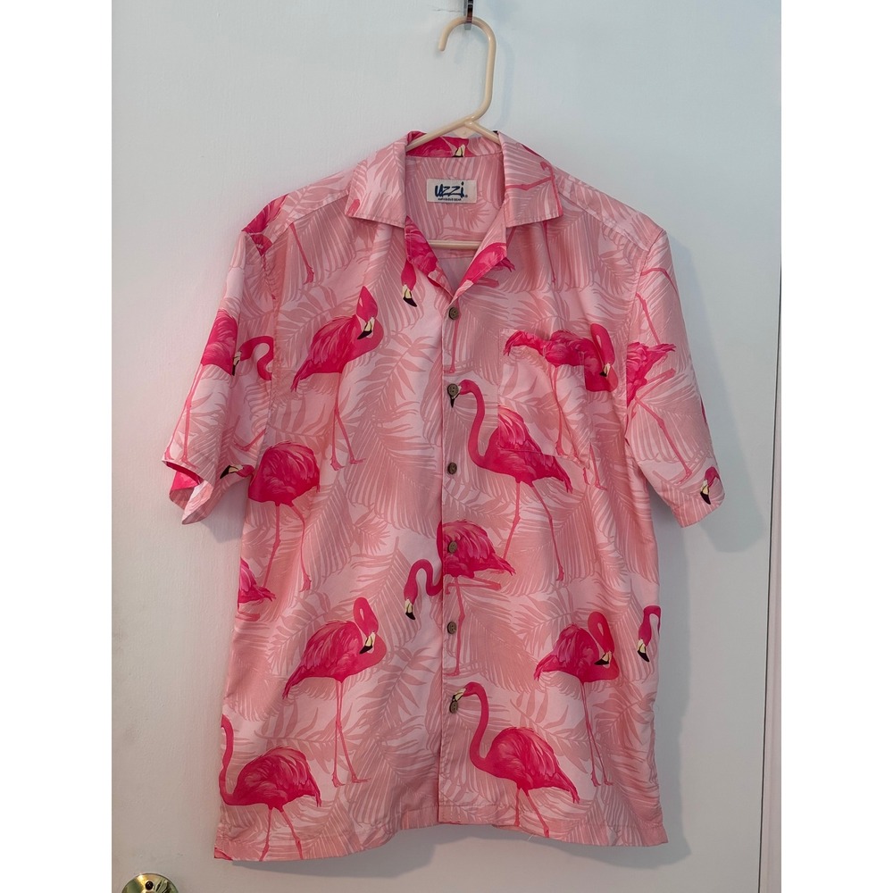 Uzzi Amphibious Gear Pink Flamingo Tropical Print Button Front Shirt Mens L
